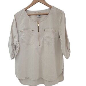 Anne Klein Linen Blend Zip Front Utility Blouse Women’s Size Large Neutral Beige